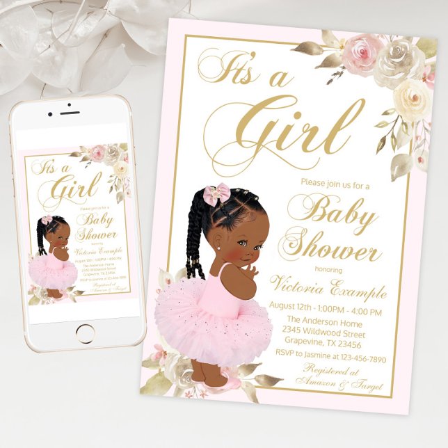 Convite Chá de fraldas Rosa Dourado da Princesa Africana T (Braid princess baby shower invitation with cute baby girl wearing tutu on a pink gold floral back.)