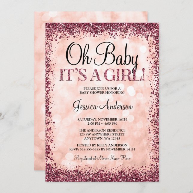 Convite Chá de fraldas Rosa Dourado de Luzes Brilhantes (Frente/Verso)