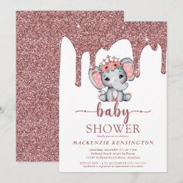 Convite Chá de fraldas rosa Dourado Glitter Drives Elephan