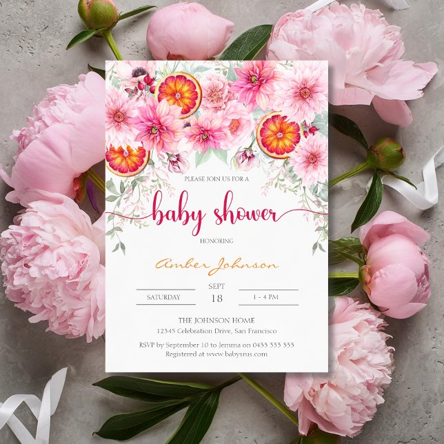 Convite Chá de fraldas Rosa e Citrus Moderno de Aquarela (Girl baby shower invitation, pink watercolor flowers and citrus, baby shower)