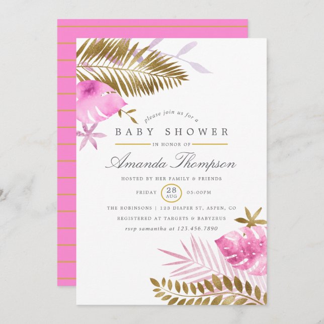 Convite Chá de fraldas Rosa e Dourado das Folhas Tropicais (Frente/Verso)
