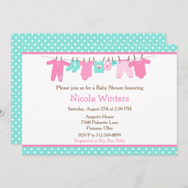 Convite Chá de fraldas rosa e verde da linha do bebê (Frente/Verso)