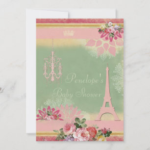 Convite Chá de fraldas rosa Eiffel e Chandelier Girl