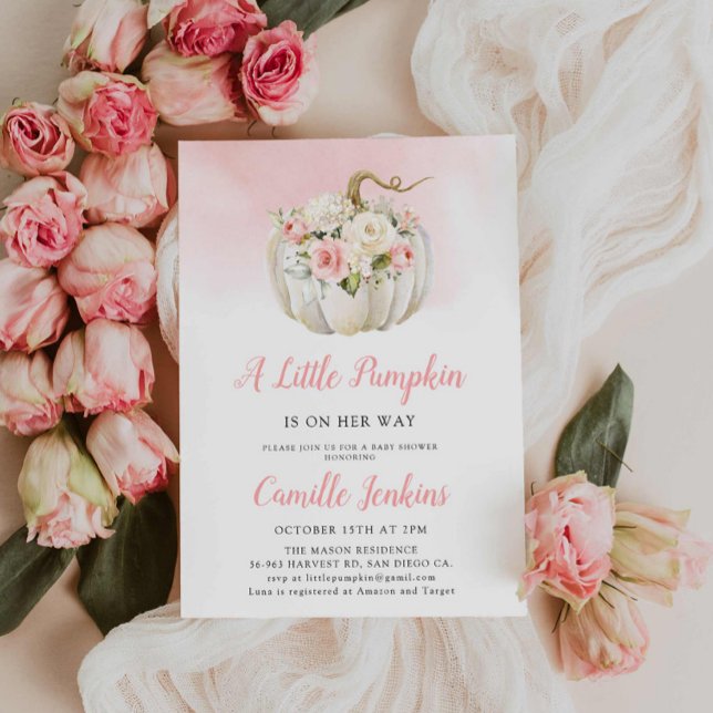 Convite Chá de fraldas Rosa Elegante (A little Pumpkin in on the way Pink baby shower invitation)