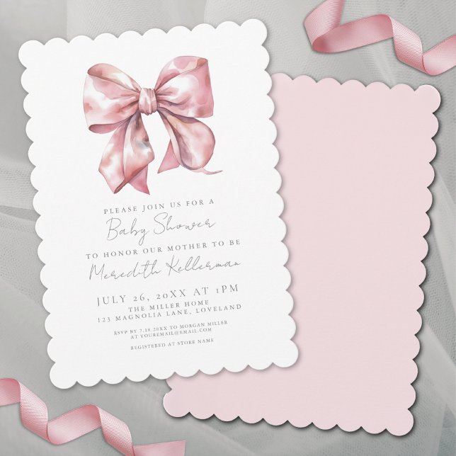 Convite Chá de fraldas rosa elegante (Watercolor Pink Bow Baby Shower Invitation)