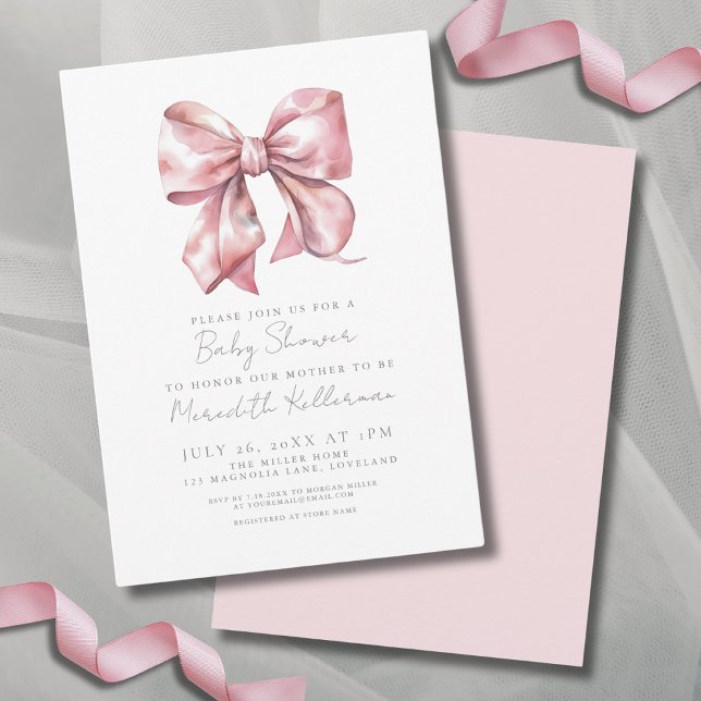 Convite Chá de fraldas rosa elegante (Simple Elegant Pink Bow Baby Shower Invitation)