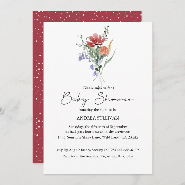 Convite Chá de fraldas Rosa Escuro de Flor Selvagem Minima (Frente/Verso)