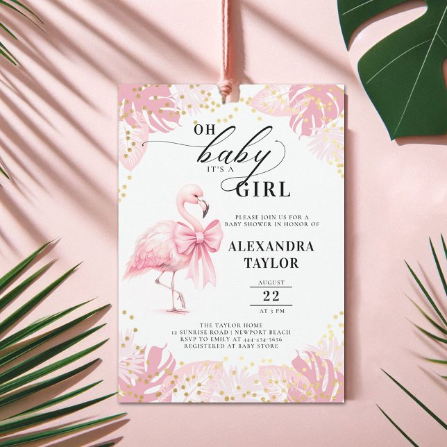 Convite Chá de fraldas Rosa-Flamingo Arco Tropical Rosa (pink flamingo girl baby shower invitation bow coquette watercolor tropical botanical foliage cute)