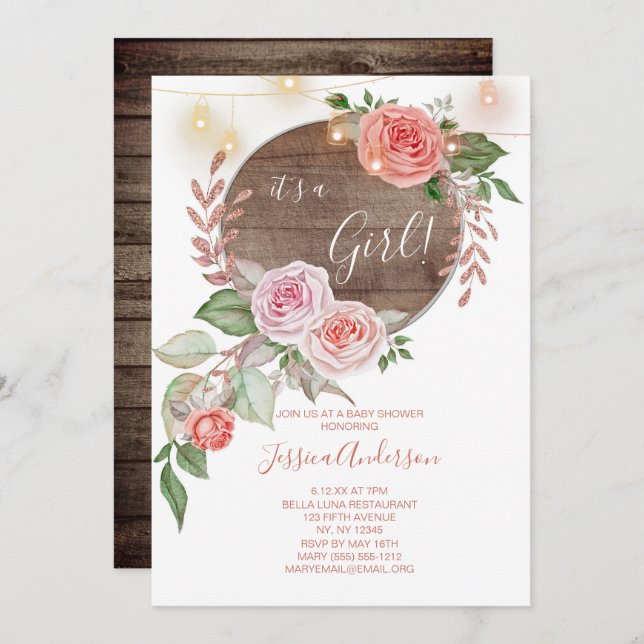 Convite Chá de fraldas Rosa Floral (Frente/Verso)