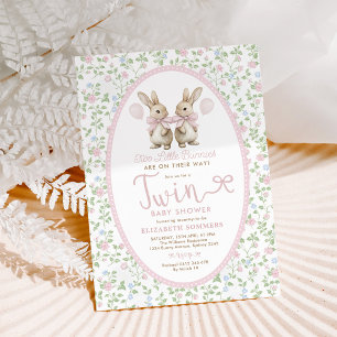 Convite Chá de fraldas Rosa Floral Bunny Twin Balon