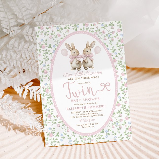 Convite Chá de fraldas Rosa Floral Bunny Twin Balon (Criador carregado)