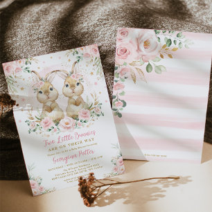 Convite Chá de fraldas Rosa Floral Coelhinho Gêmeo