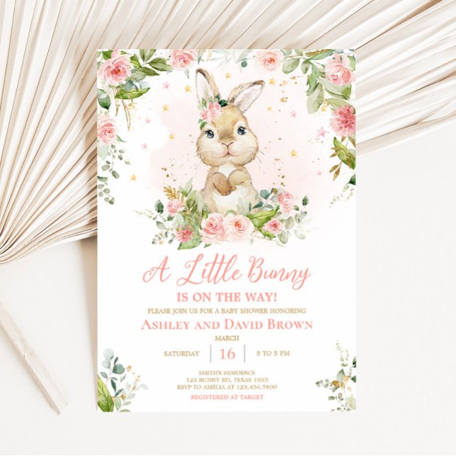 Convite Chá de fraldas Rosa Floral Pequeno (Girl Peter Rabbit Baby Shower Invitation)