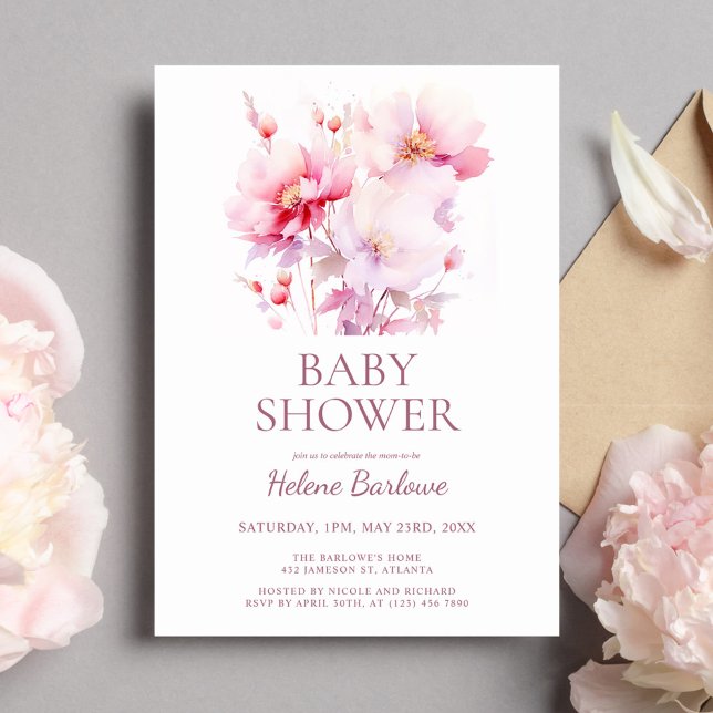 Convite Chá de fraldas Rosa Floral Watercolor Girl (Pink Floral Watercolor Girl Baby Shower Invitation)