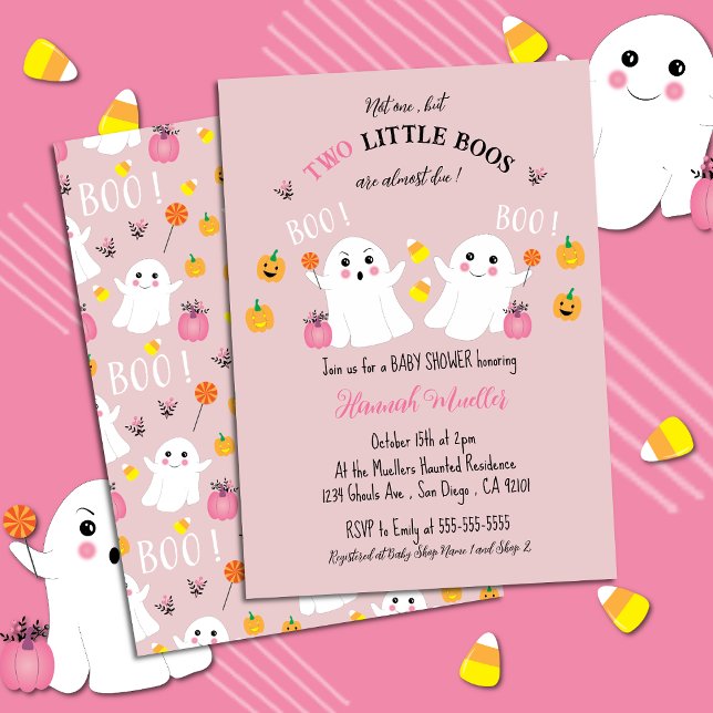 Convite Chá de fraldas Rosa Gêmeos do Halloween (Adorable Twin Girls Baby Shower Invitation with a Halloween Theme .)