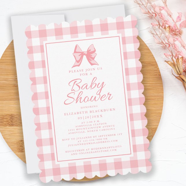 Convite Chá de fraldas Rosa Gingham Pastel Girly Elegante  (Pink Bow Baby Shower Gingham Check Girly Elegant Invitation)