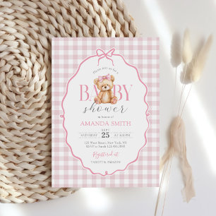 Convite Chá de fraldas Rosa Gingham Teddy Bear