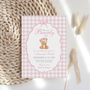 Convite Chá de fraldas Rosa Gingham Teddy Bear
