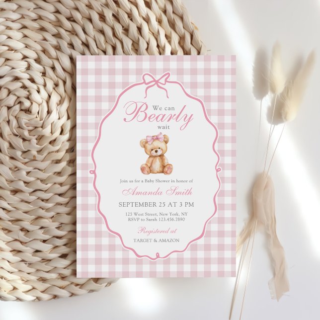 Convite Chá de fraldas Rosa Gingham Teddy Bear (Criador carregado)