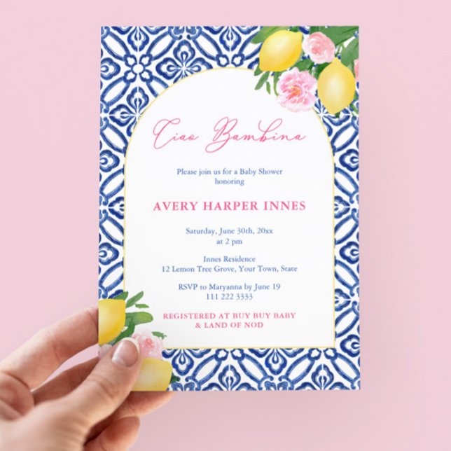 Convite Chá de fraldas Rosa-Limão-Mediterrâneo (Ciao Bambina! Pretty blue and pink citrus inspired girl baby shower invitation with trendy arch)