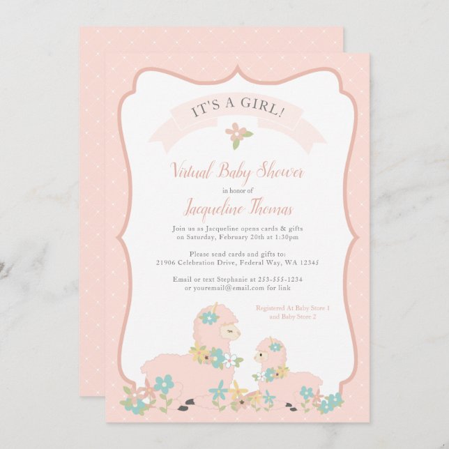 Convite Chá de fraldas Rosa Llama (Frente/Verso)