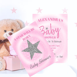 Convite Chá de fraldas Rosa Menina, A Estrela Bonita É Nas
