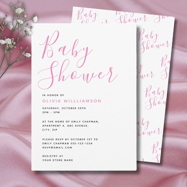 Convite Chá de fraldas Rosa Moderno Simples (Simple and elegant, pink baby girl shower invitation with script text typography.)