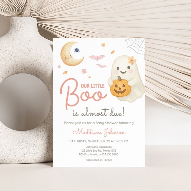 Convite Chá de fraldas Rosa Pequeno (Pink Little Boo Halloween Baby Shower Invitation)