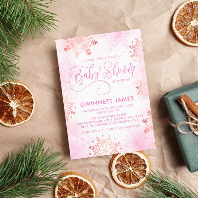 Convite Chá de fraldas Rosa Pequeno Floco de Neve (Criador carregado)