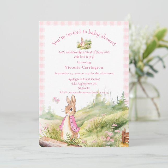 Convite Chá de fraldas Rosa Peter Rabbit Baby Girl (Em pé/Frente)