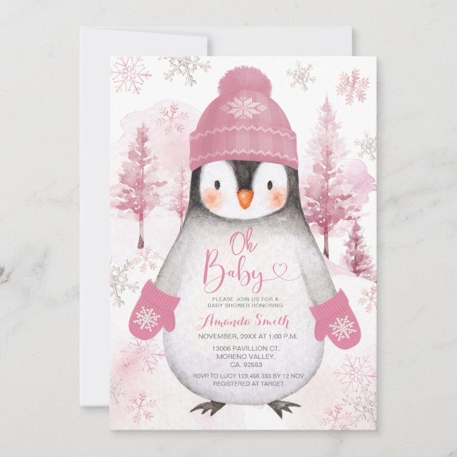 Convite Chá de fraldas Rosa Pinguin tricotado Hat Snowflak (Frente)