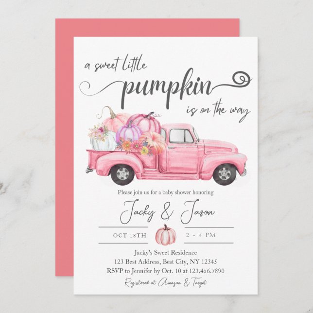 Convite Chá de fraldas Rosa Pumpkin Doce (Frente/Verso)