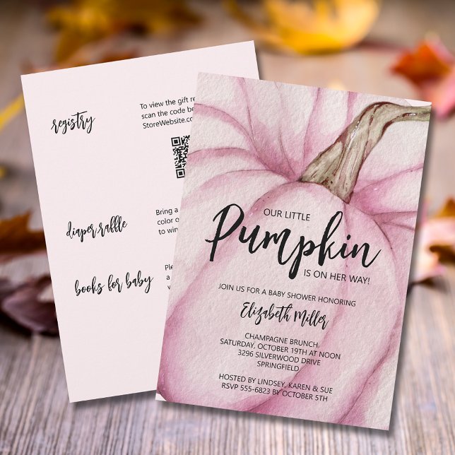 Convite Chá de fraldas Rosa Pumpkin Girl (Pink pumpkin girl baby shower all in one invitations,  registry, diaper raffle & books for baby )