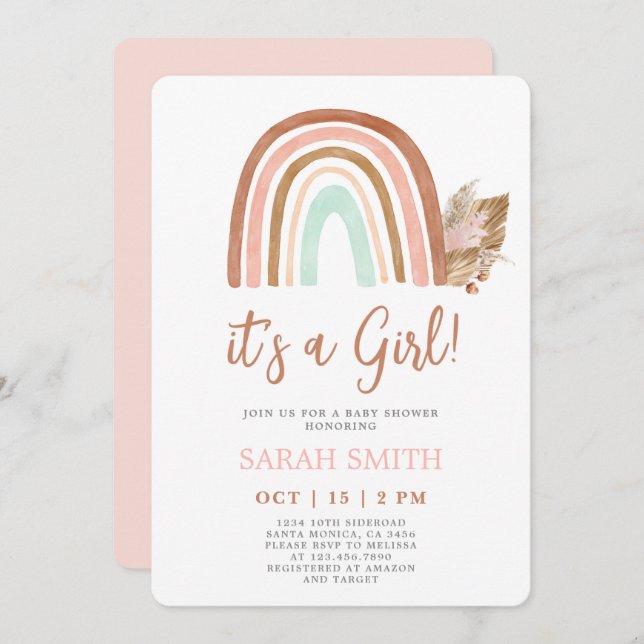 Convite Chá de fraldas Rosa Rainbow (Frente/Verso)
