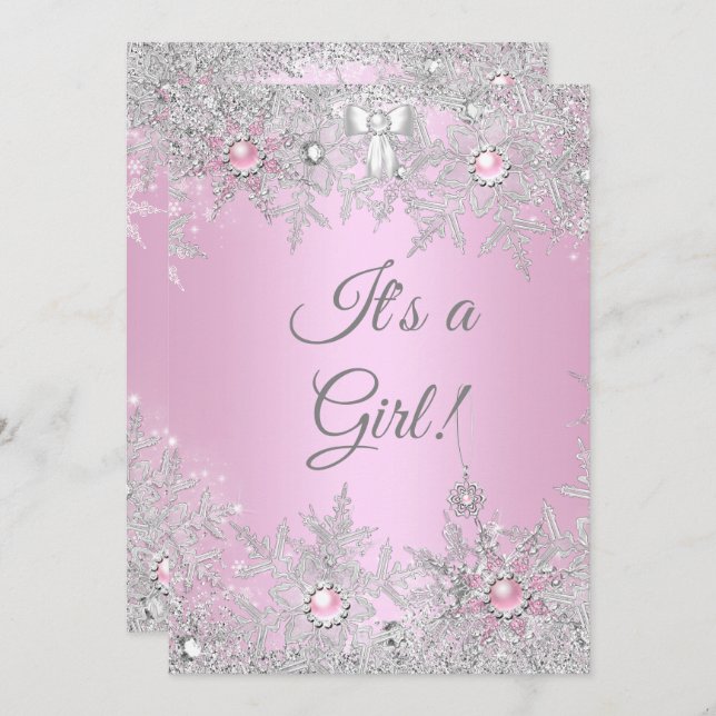 Convite Chá de fraldas Rosa Rosa Maravilha de inverno (Frente/Verso)