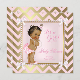 Convite Chá de fraldas Rosa Rosa Pérola Dourada Chevron Ét