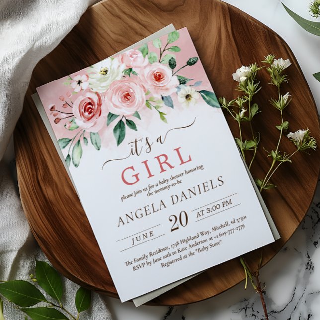 Convite Chá de fraldas Rosa Rosa Rosa-Rosa-Rosa-Rosa-Cria (Blush Pink Rose Watercolor Girl Baby Shower Invitation)