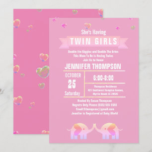 Convite Chá de fraldas Rosa/Roxo de Elefante Gêmeos