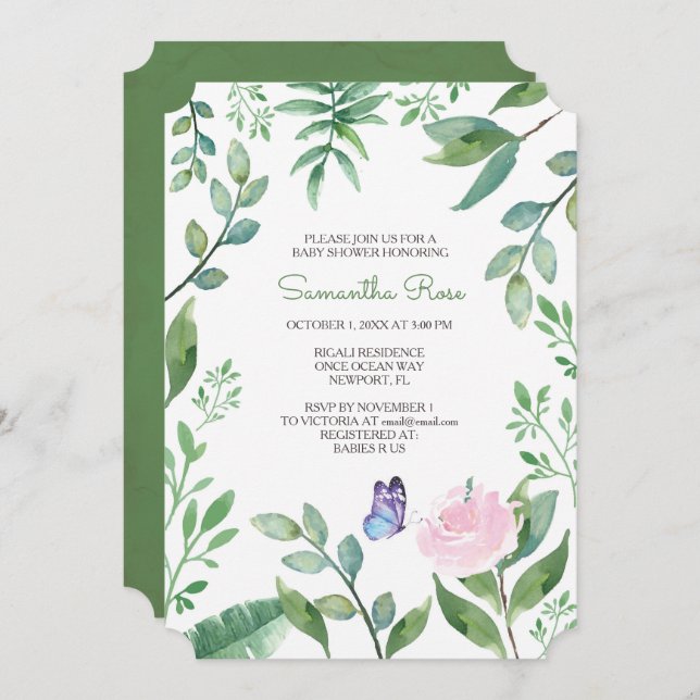Convite Chá de fraldas, rosa, roxo e borboleta azul (Frente/Verso)