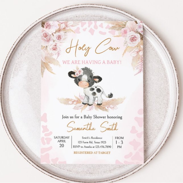 Convite Chá de fraldas Rosa Santa (Highland Cow Baby Shower Invitation)