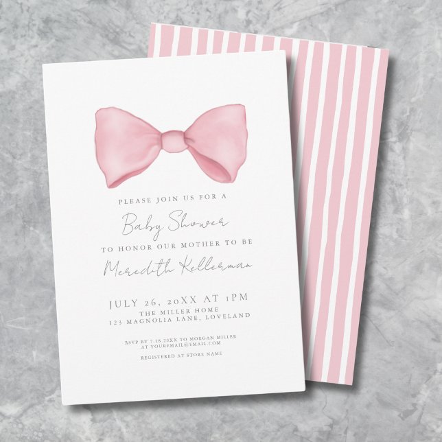 Convite Chá de fraldas Rosa Simples (Simple Pink Bow Baby Shower Invitation)