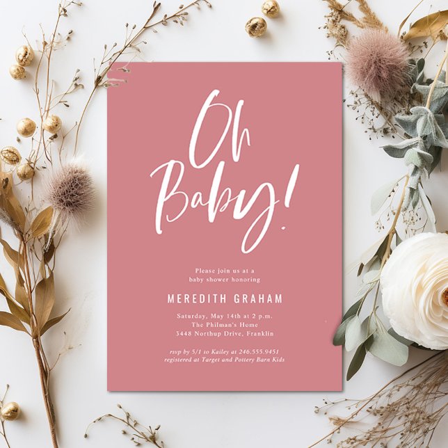 Convite Chá de fraldas Rosa Simples de Caligrafia (Criador carregado)