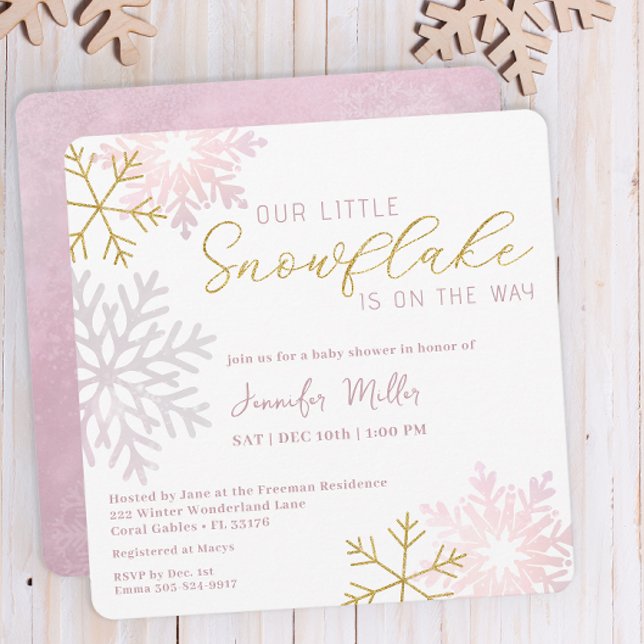 Convite Chá de fraldas Rosa Snowflake Convidar | Winter Wo (Winter Baby Shower Invitation
)
