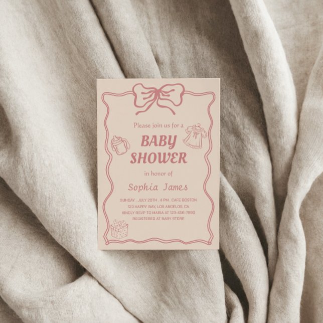 Convite Chá de fraldas rosa suave com ícones de bebê e qua (Criador carregado)