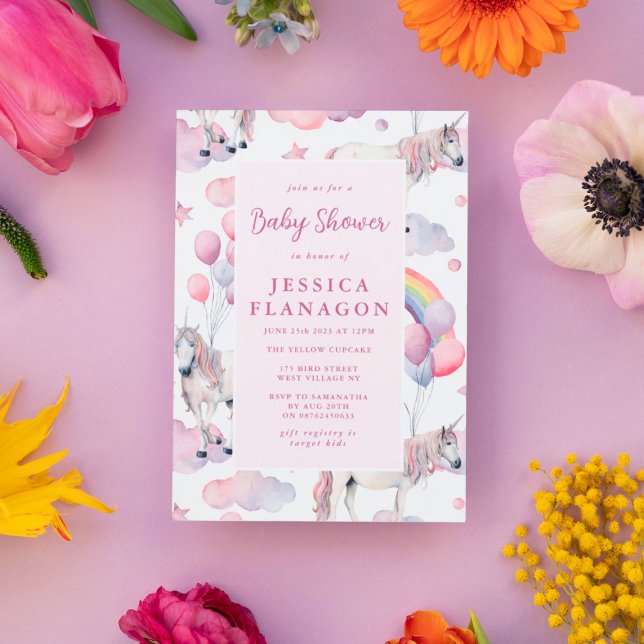 Convite Chá de fraldas Rosa Unicórnio Balões do Arco-Íris  (Criador carregado)