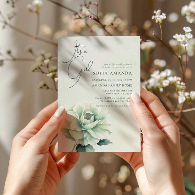 Convite Chá de fraldas Rosa verde de aquarela (Criador carregado)