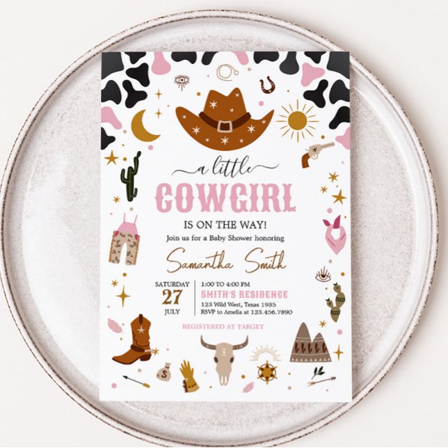 Convite Chá de fraldas Rosa Western Cowgirl (Boho Wild West Rodeo Baby Shower Invitation)
