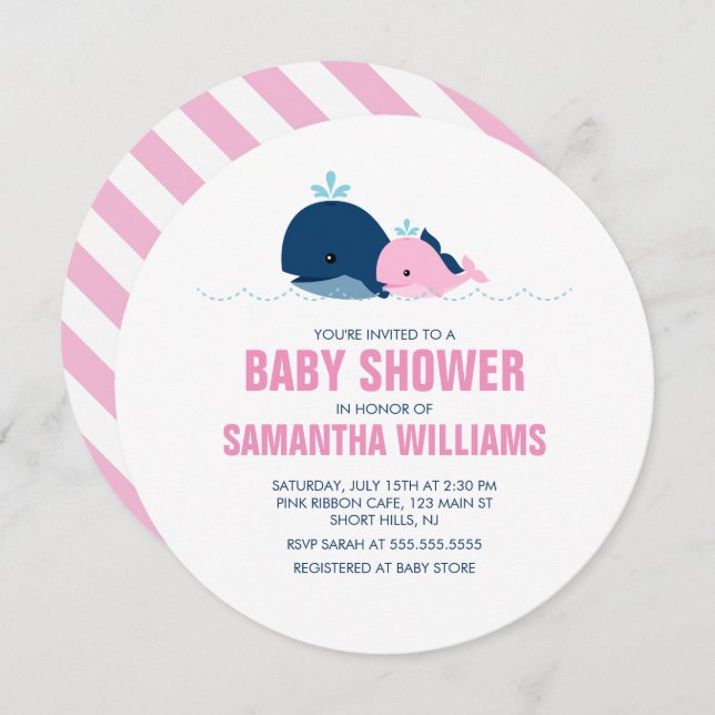 Convite Chá de fraldas Rosa Whales Girl (Frente/Verso)