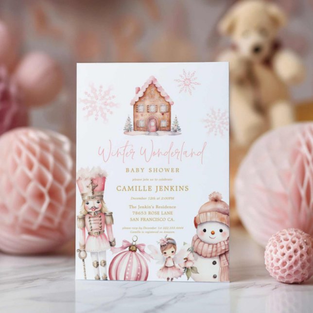 Convite Chá de fraldas Rosa Winter Wonderland (Girl Winter Wonderland Baby Shower Invitation)