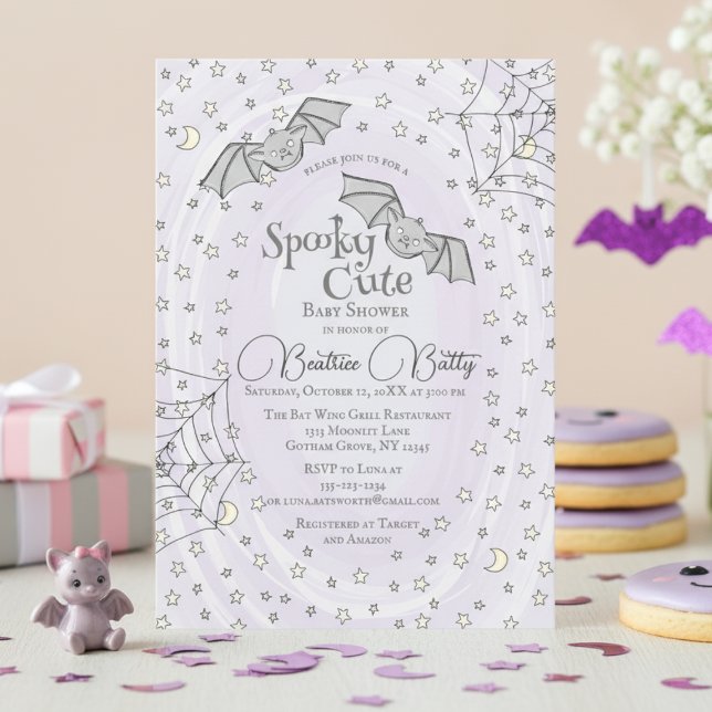 Convite Chá de fraldas Roxo Bats Spooky (Spooky Cute Baby Bats Halloween Baby Shower. Baby Bats, Webs, Stars & Moons. Girly Watercolor Purple)